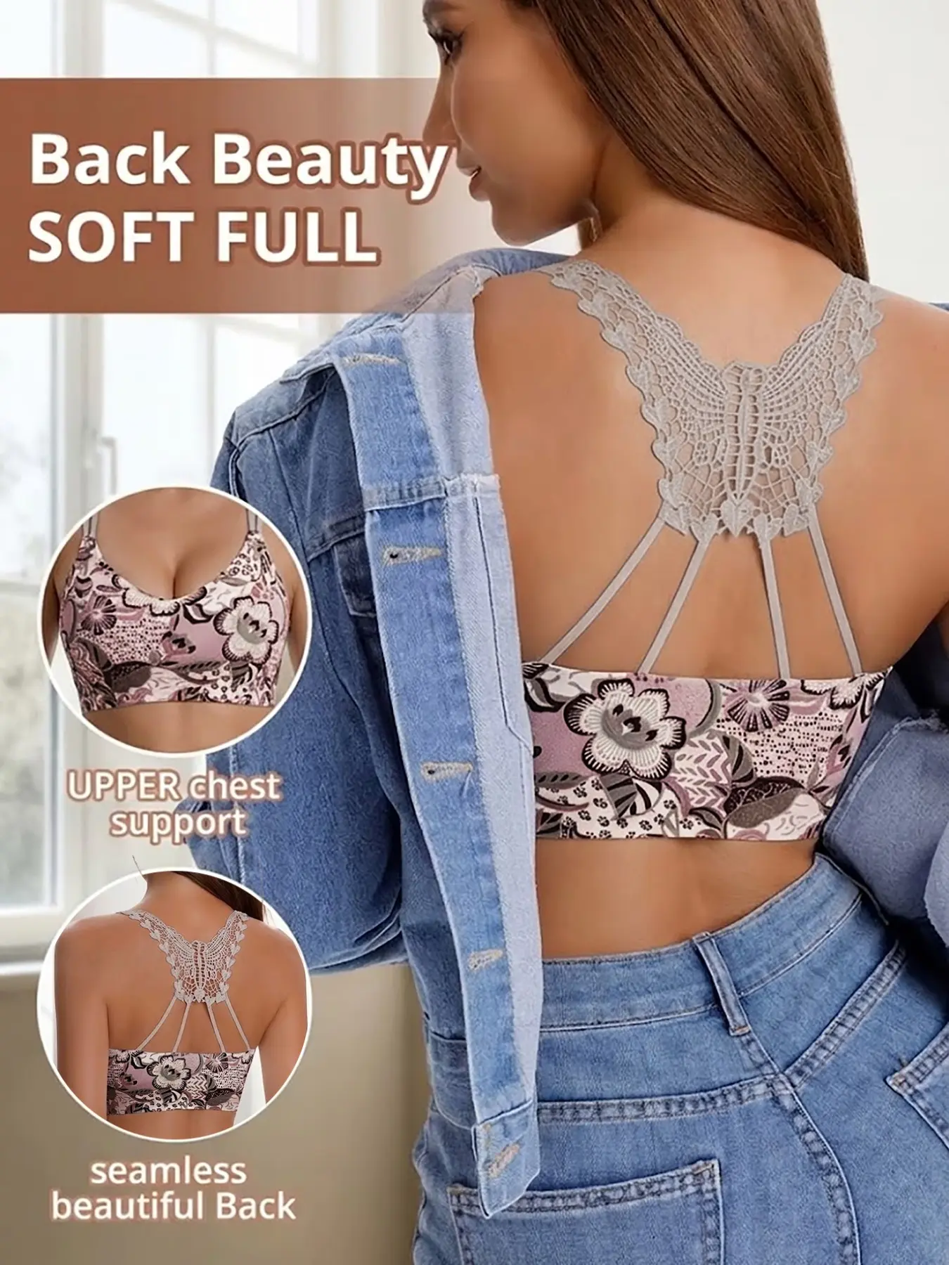 Butterfly Lace Back Beauty Jelly Support Push Up Bra, Seamless Side Smoothing Bralette for Women, Stretchy Skin-Friendly Comfort Daily Underwear