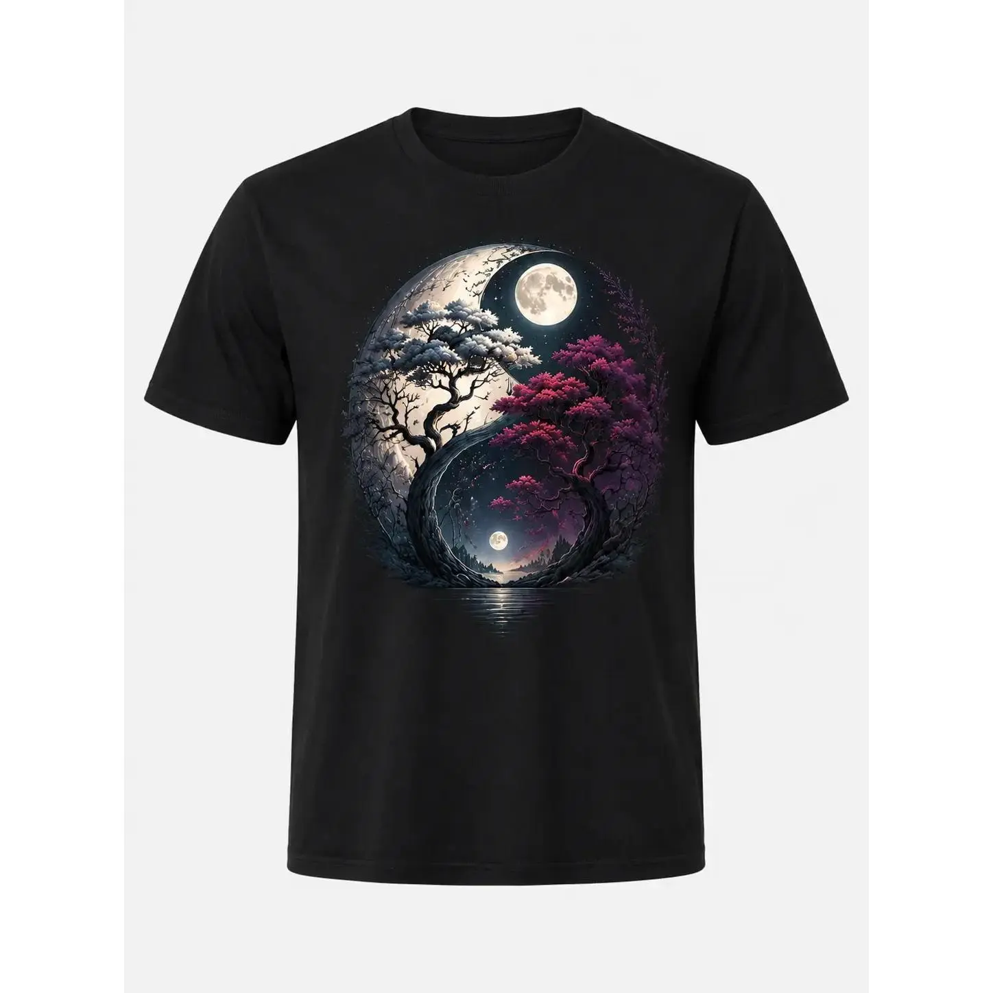 Plus-size Yin-Yang nature-inspired pattern loose T-shirt - striking black T-shirt decorated with a double tree design, incorporating elements of the moon and flying birds, ideal for nature lovers and outdoor enthusiasts, a great choice for casual summer w