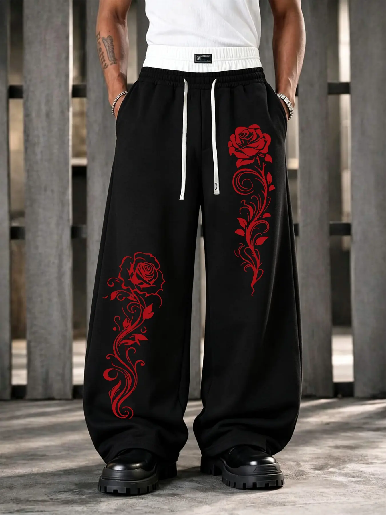 Men's Rose Vine Print Wide Leg Sweatpants, American Street Style, Dual Layer Color Block Waist, Loose Fit, Casual Long Pants