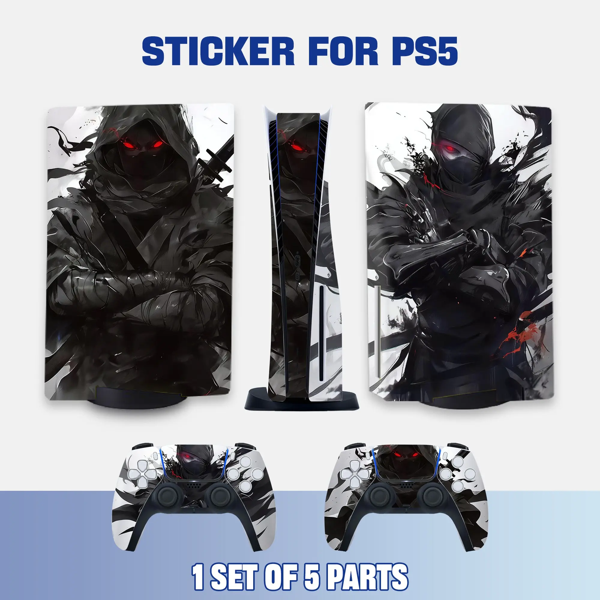 Black & Red Dark Ninja Style PS5 Disc Edition Vinyl Skin Sticker Decal for Console & Controllers, Waterproof, Scratch-Resistant, Dustproof, Removable & No Residue