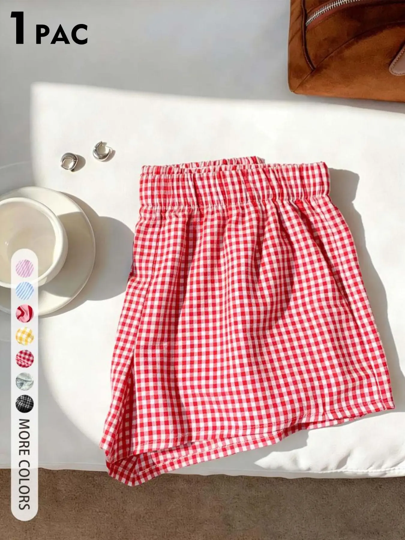American Vintage Style Home Wear Shorts, Classic / Gingham Check, Boho Fitted Design, Lightweight Breathable Fabric, All Seasons, Casual Plaid Shorts