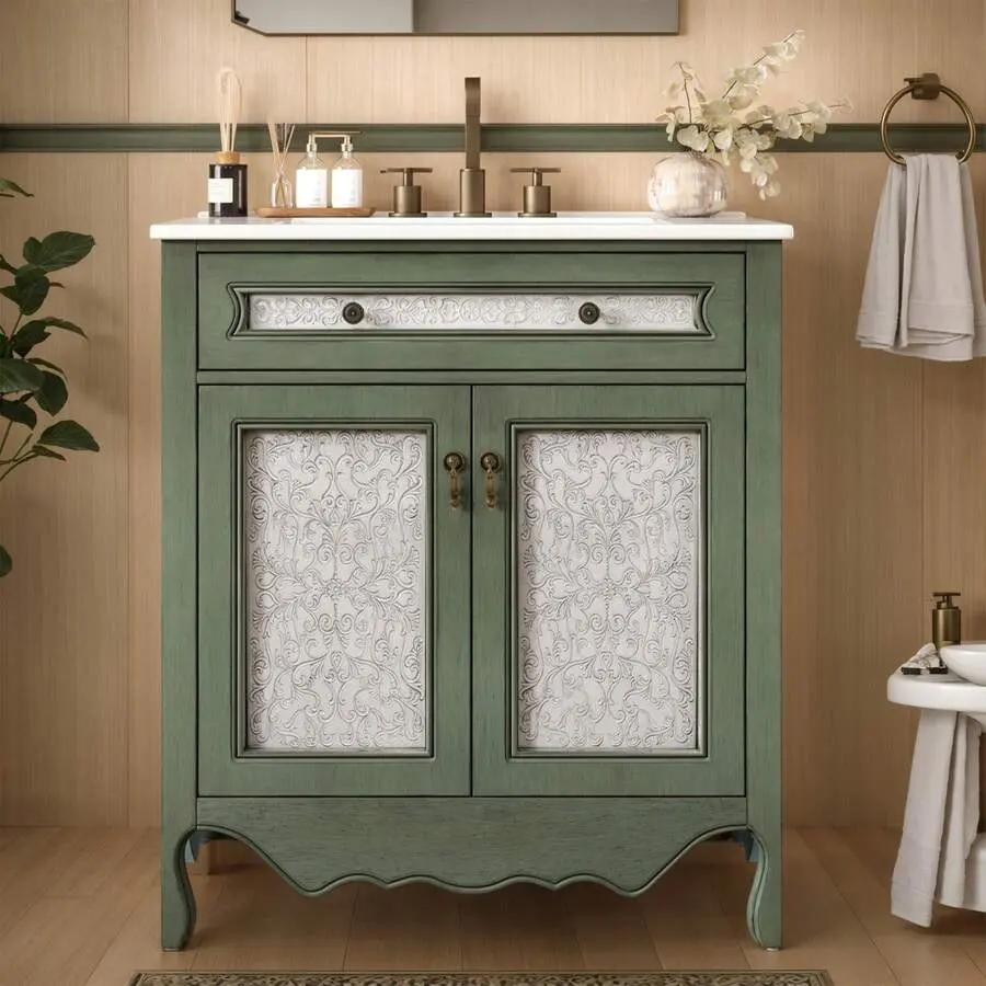 30" Vintage Bathroom Vanity, Bathroom Cabinet Set With Ceramic Sink And Antique Knobs, Double Storage, Pull Out Drawers, Printed Cabinet Doors, Army Green,chabuildreark,farmhouse,coffee bar cabinet,lockable,,dresser,,unit,,jewelry,armoire,w,loa,hall,tree,