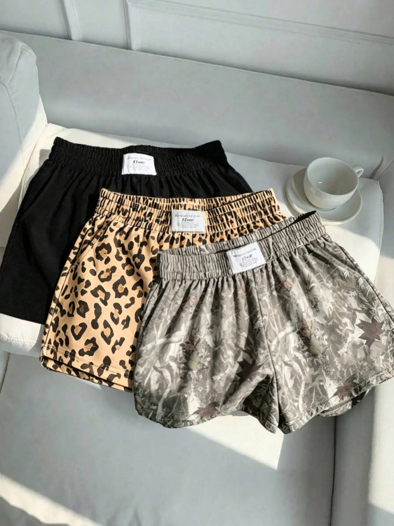 3-Pack Women's Summer Casual, Fashion, Elastic Waistband Shorts: Leopard Print + Solid Color – Comfortable, Loose Fit. Soft fabric, slant pockets, letter tag design. Suitable for daily light exercise, going out, home wear
