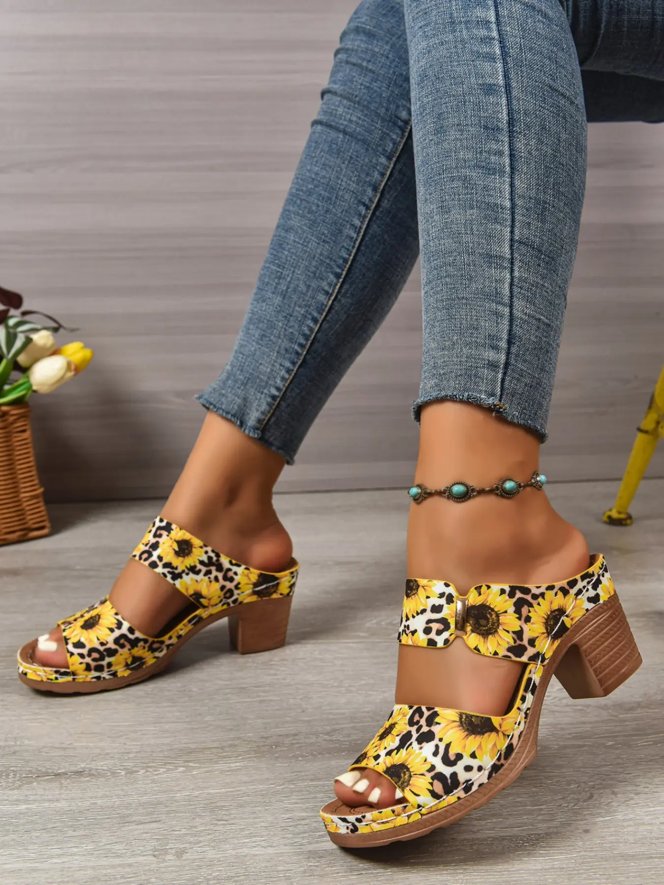 Women's Sunflower Leopard Print Chunky Heel Sandals, Stylish Summer Footwear, Comfortable & Trendy, Perfect for Casual