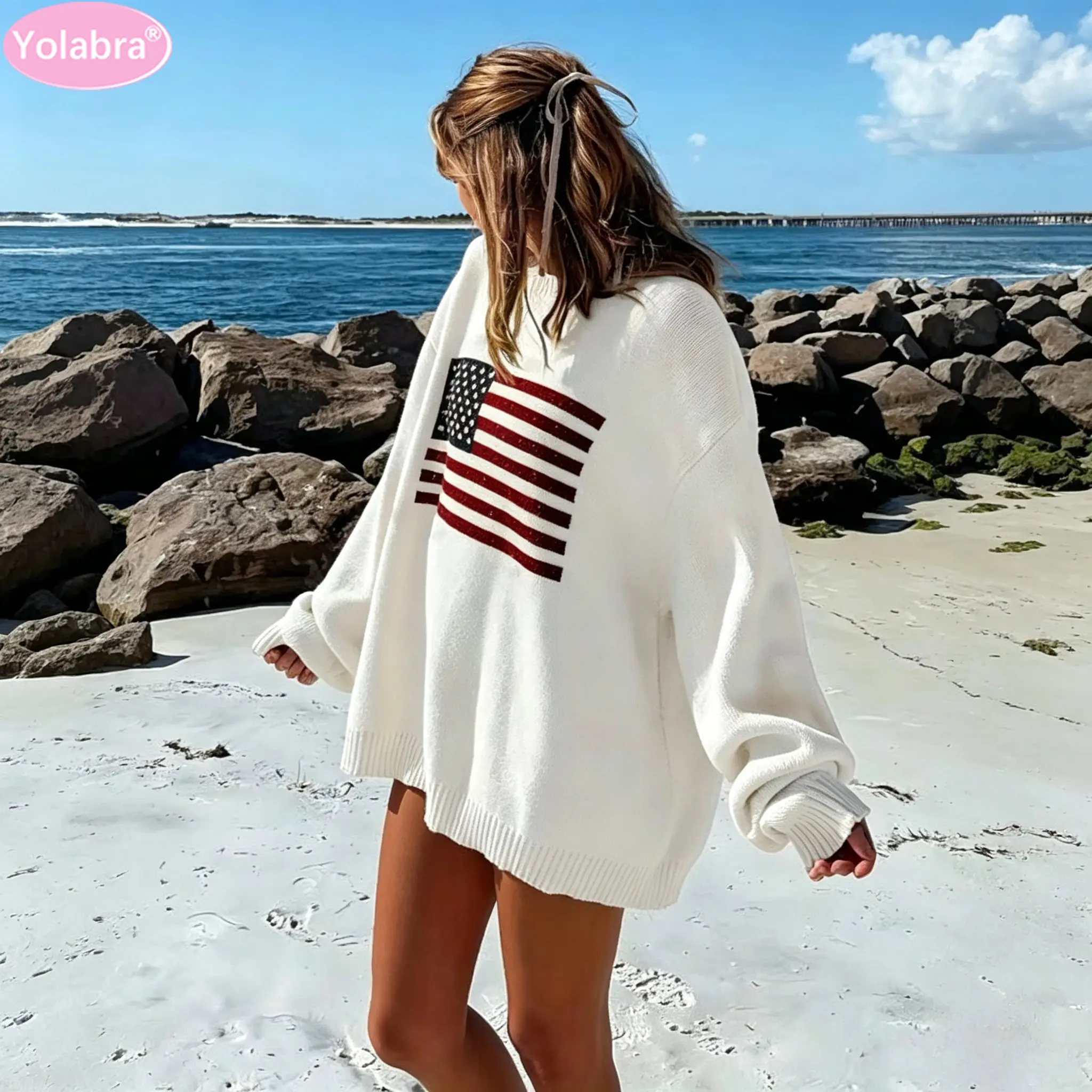 Yolabra Hot Selling American Retro Street Star Flag Print Loose Round Neck Pullover Knit Sweater Soft Casual Daily Street Trendy Multi Size Chic Top