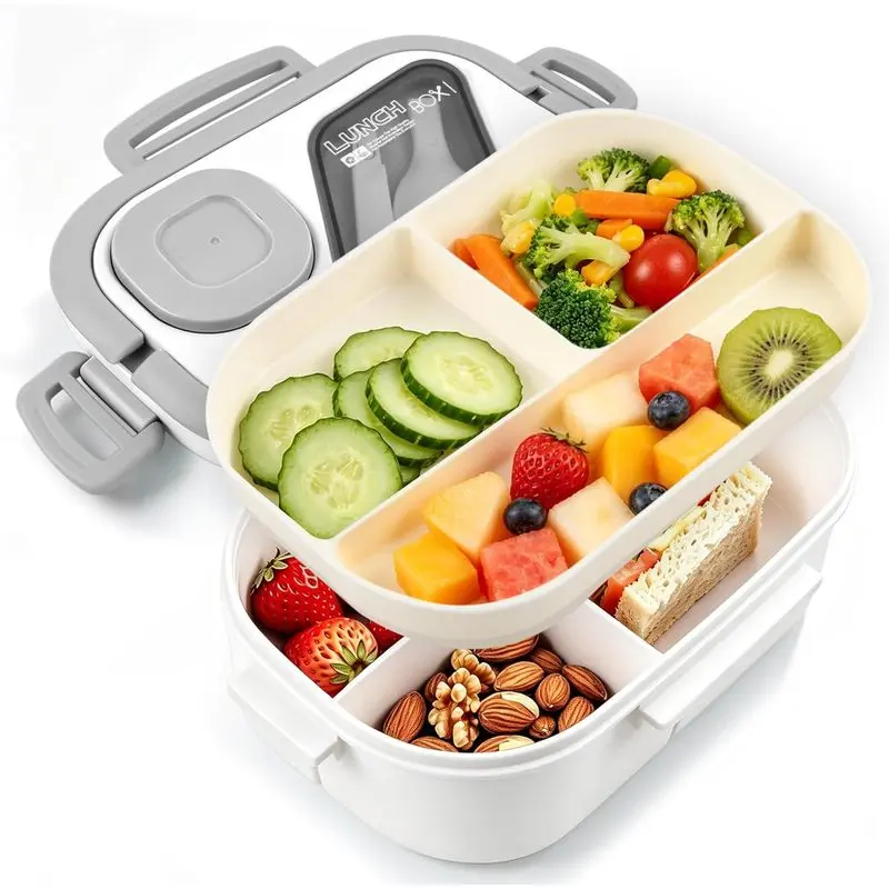 43oz Rectangular Durable Plastic Adult Bento Lunch Box - Practical, Multiple Compartmentalized Container with Large Salad Bowl, Topping Tray, Sauce Cup & Reusable Fork for Work, Travel, Work/School