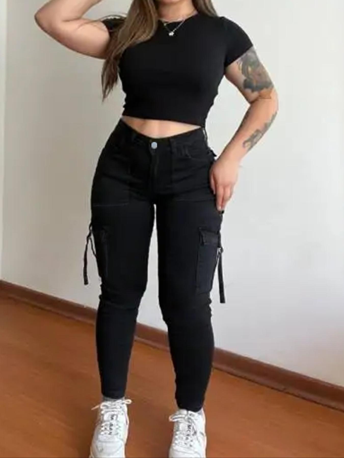 Women's Plain Multi-pocket Denim Elastic Slim Fit Button Cargo Pants, Casual Street Trousers for Everyday Wear, Ladies' Bottoms for All Seasons, Jeans with Pockets, Womenswear