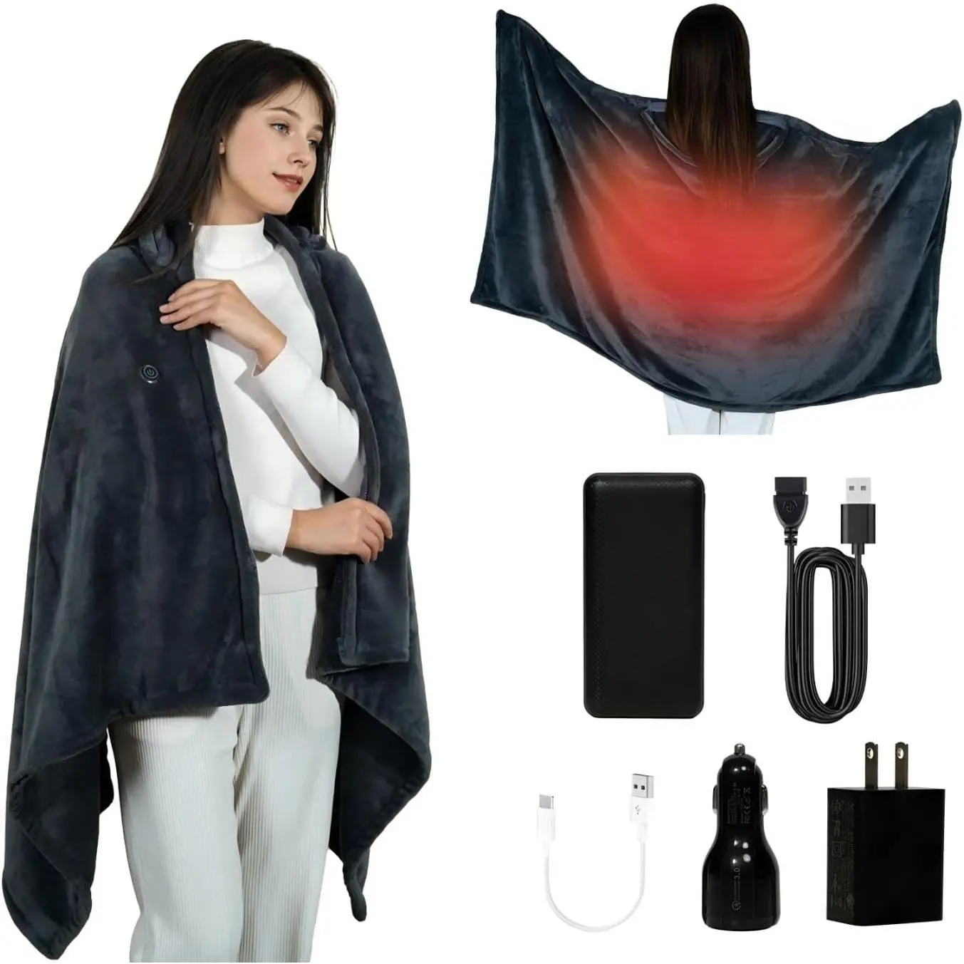 Cordless Heated Blanket with Hood USB Battery Powered Heated Wearable Blanket 9 Heating Zones 20000 mAh Power Bank 3 Levels Portable Heated Throw Shawl Warm Stone Gray