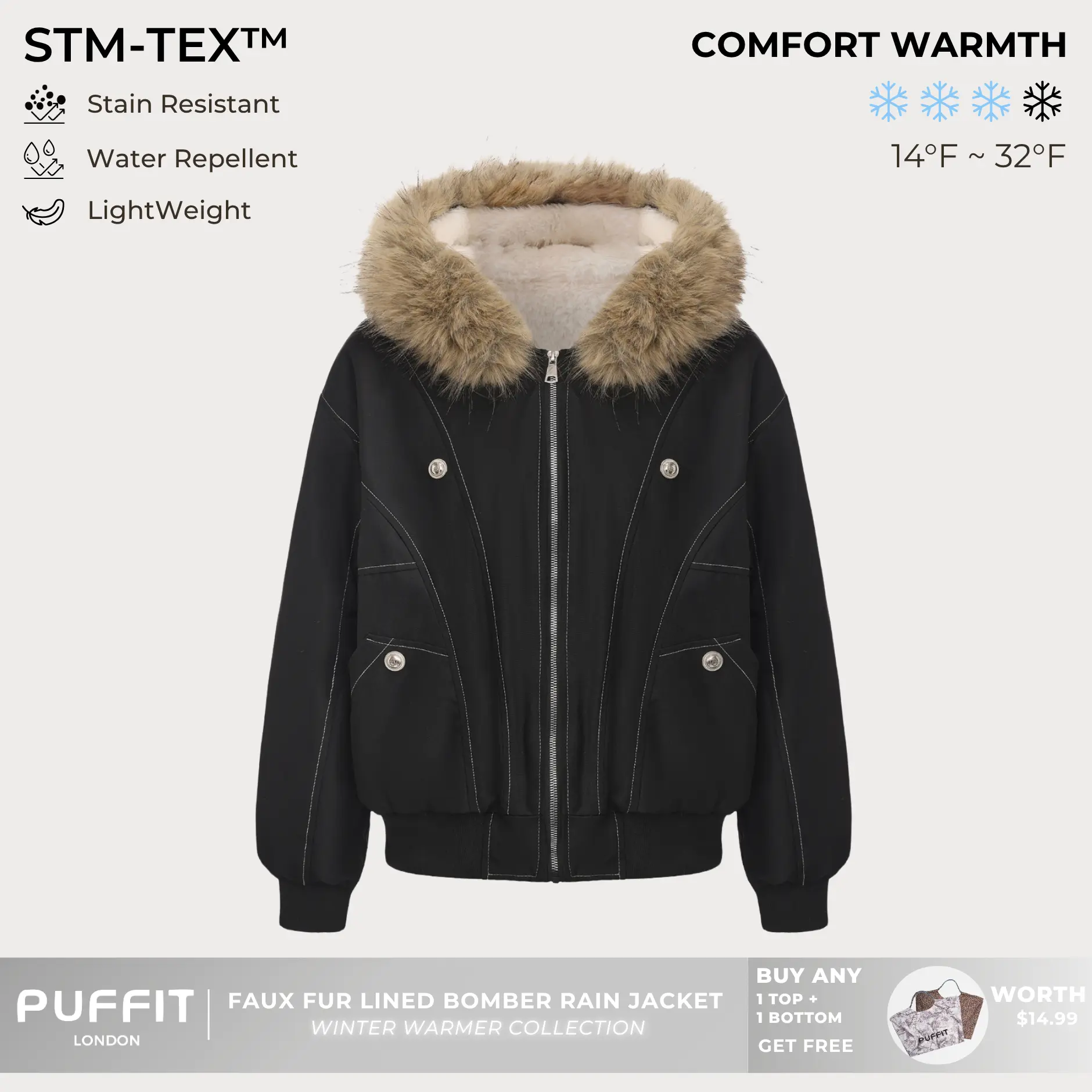 PUFFIT STM-TEX Faux Fur Lined Waterproof Bomber Jacket With Faux Fur Collar Hood,Elegant And Sophisticated,Enhances Warmth, Providing A Soft,Beautiful And Warm, Offering Both Style And Practicality,Y2K Style
