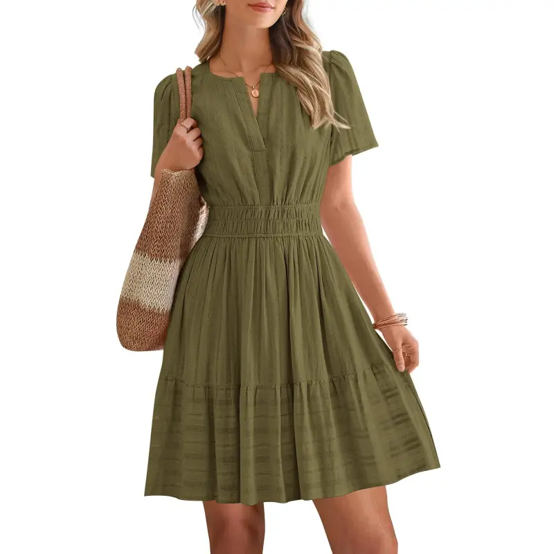 Womens Spring 2026 Casual Mini Dresses Lightweight Short Sleeve V Neck Elastic Waist Cute Boho Beach Dress Pockets