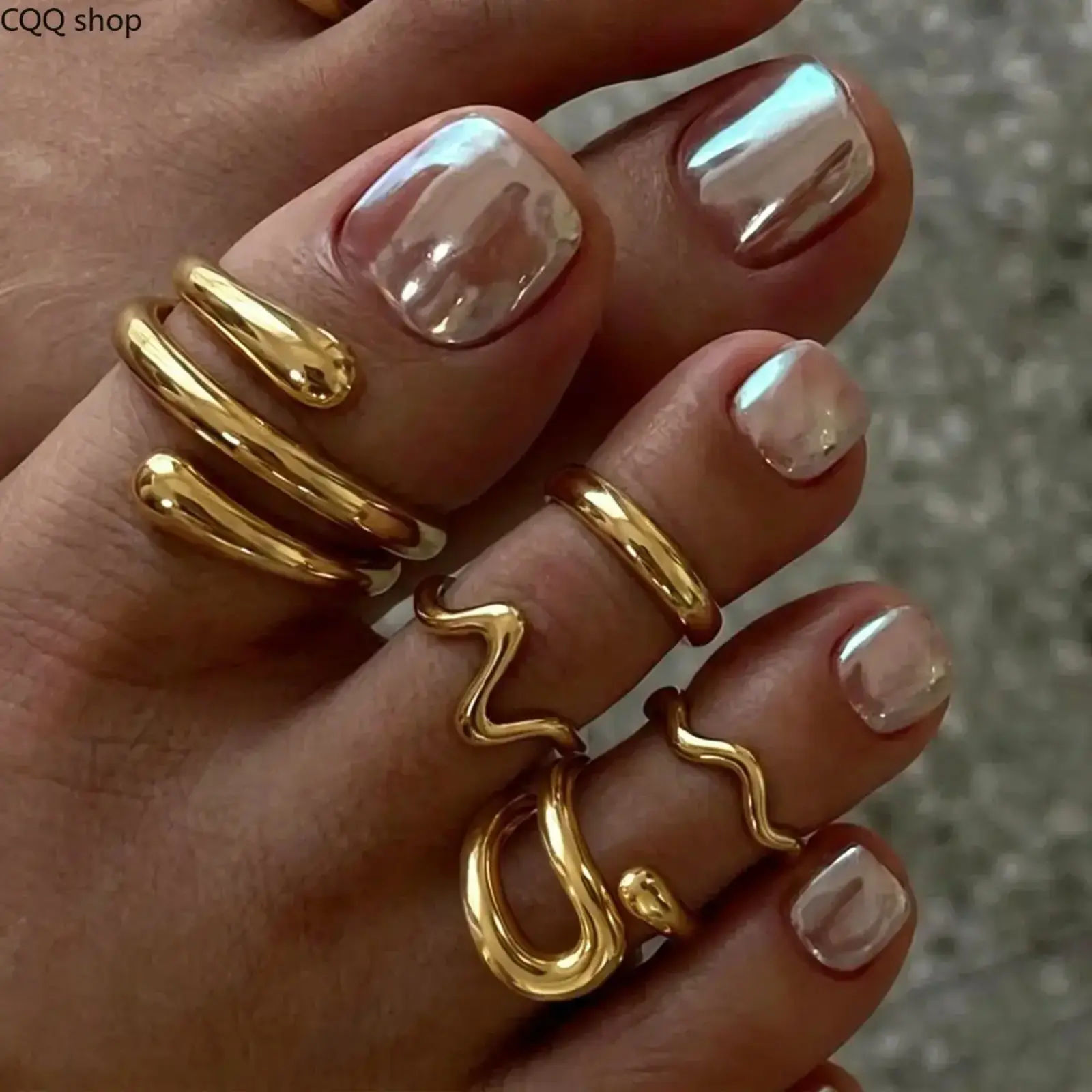 Main Character Energy Liquid Metal 5 Piece Toe Ring Set Chunky Gold Adjustable Foot Jewelry Y2K Baddie Aesthetic Summer Beach Vibe Vacation Ready Boho Gift For Her