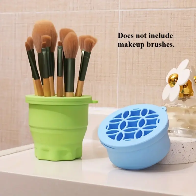 Silicone 2-Piece Foldable Makeup Brush Cleaner Set, Compact Foldable Cup with Drying Rack, Portable Beauty Care Home Organizer Tool, Portable Set