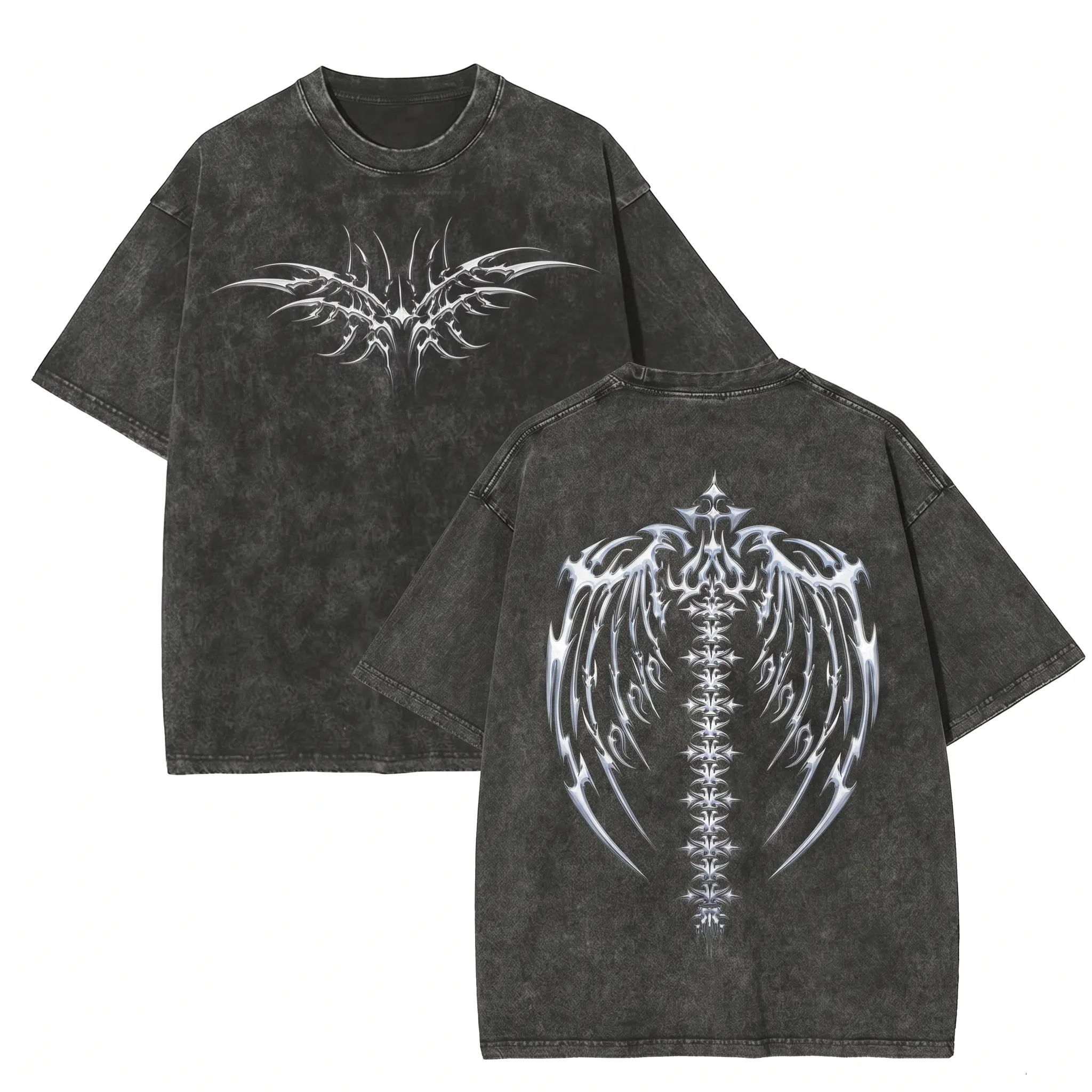 Men's Acid Wash Vintage Grey Heavyweight Cotton T-Shirt - Oversized, Printed Y2K Cyber Sigilism, Tribal Chrome Graphic, Gothic Grunge Streetwear Top (Printed Design - Not Textured)