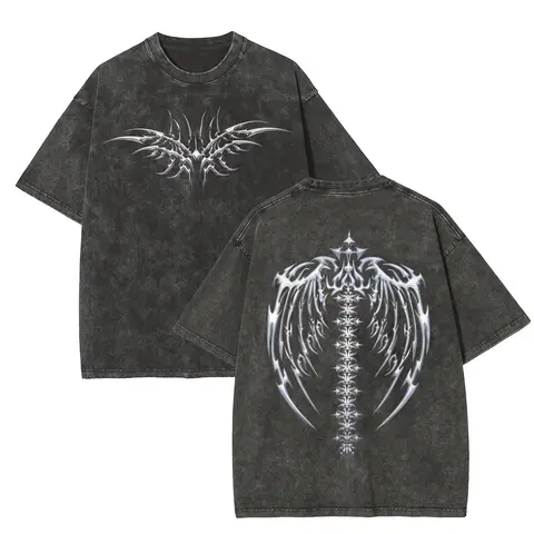 Men's Acid Wash Vintage Grey Heavyweight Cotton T-Shirt - Oversized, Printed Y2K Cyber Sigilism, Tribal Chrome Graphic, Gothic Grunge Streetwear Top (Printed Design - Not Textured)