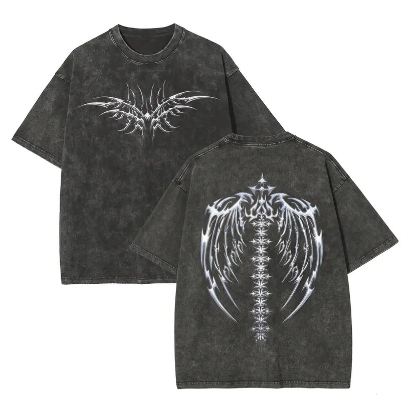 Men's Acid Wash Vintage Grey Heavyweight Cotton T-Shirt - Oversized, Printed Y2K Cyber Sigilism, Tribal Chrome Graphic, Gothic Grunge Streetwear Top (Printed Design - Not Textured)
