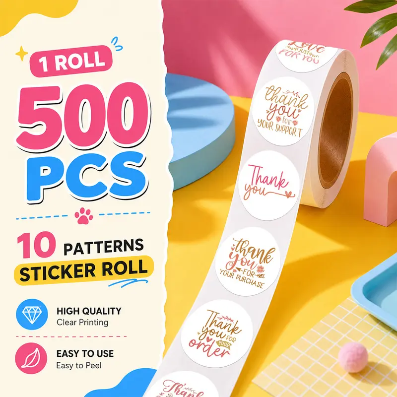 500PCS/Roll thank you Sticker Roll, 10 Designs Aesthetic Decorative Sticker Tape, Self Adhesive Journaling Stickers for Notebook, Laptop, Phone Case and Daily Decoration
