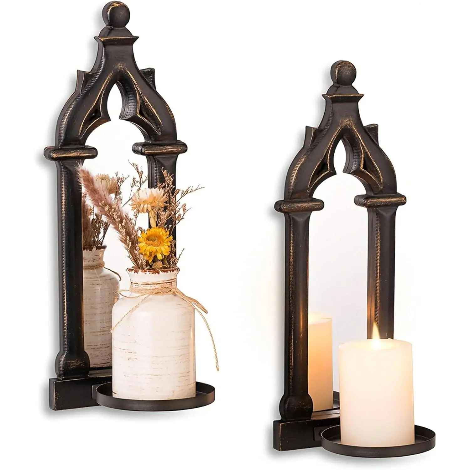 Black Candle Sconces Gothic Wall Decor - Wood Rustic Farmhouse Candle Holder Set of 2 for Livingroom Fireplace - Dark Mirror Candle Sconces for Halloween Art Decorations