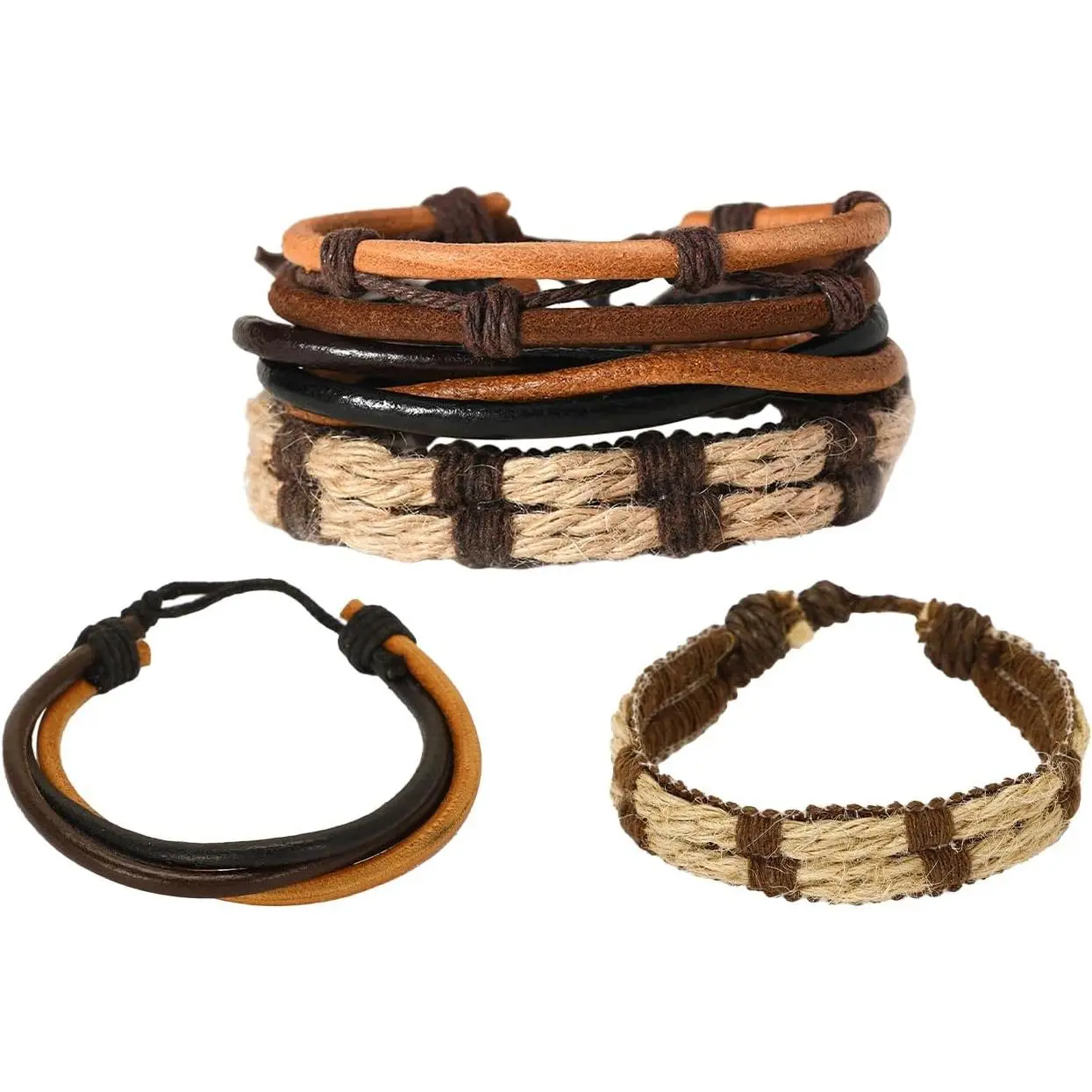 Braided Leather Bracelets for Men & Women - Adjustable Wrap Wristbands,  Brown & Black Leather Cuff Bracelet Set