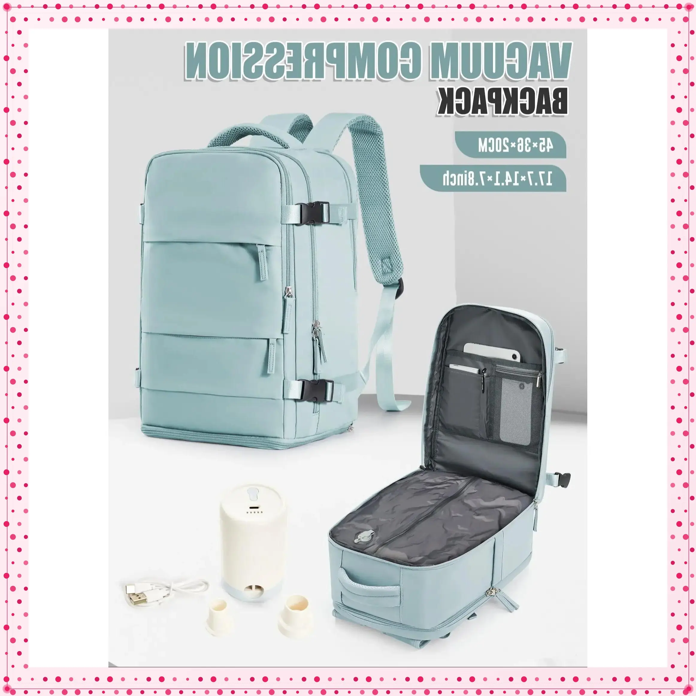 Three-piece vacuum travel bag set, equipped with detachable vacuum bag, electric air pump, large-capacity backpack, detachable design, multi-layer pockets, casual style, Travel Backpacks