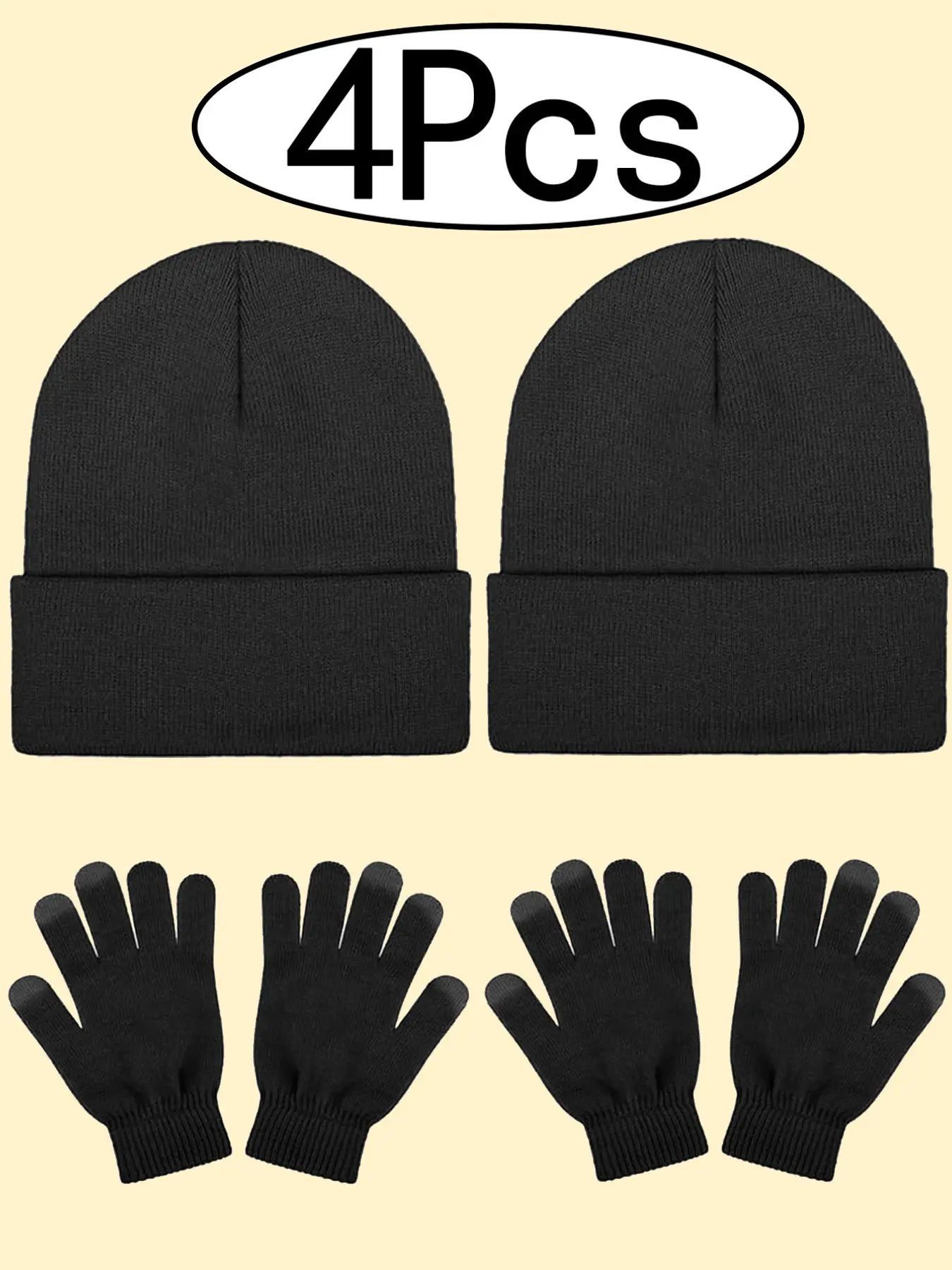 4Pcs-Knit Beanie Hat+Gloves for Men & Women, Fall Winter Outdoor Sports, Windproof Ski Cap, Touchscreen Compatible Knit Gloves, Casual Fitted Design