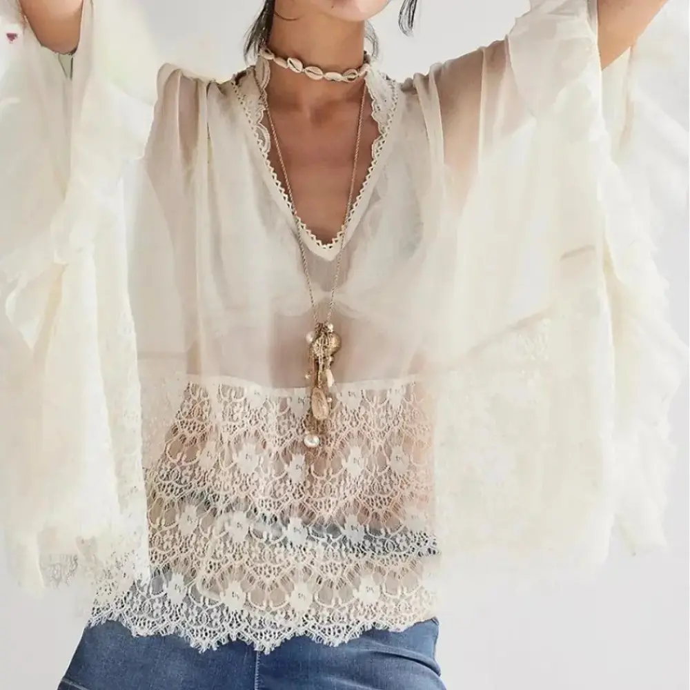 Women's Boho Sheer Chiffon Blouse, V-Neck Ruffled Batwing Sleeve Top with Lace Panel & Asymmetric Hem, Beach Vacation Cover Up for Ladies, Shirts, Lady, Blouses For Women, Loose, Boho Earthy Girl Clothes, Batwings