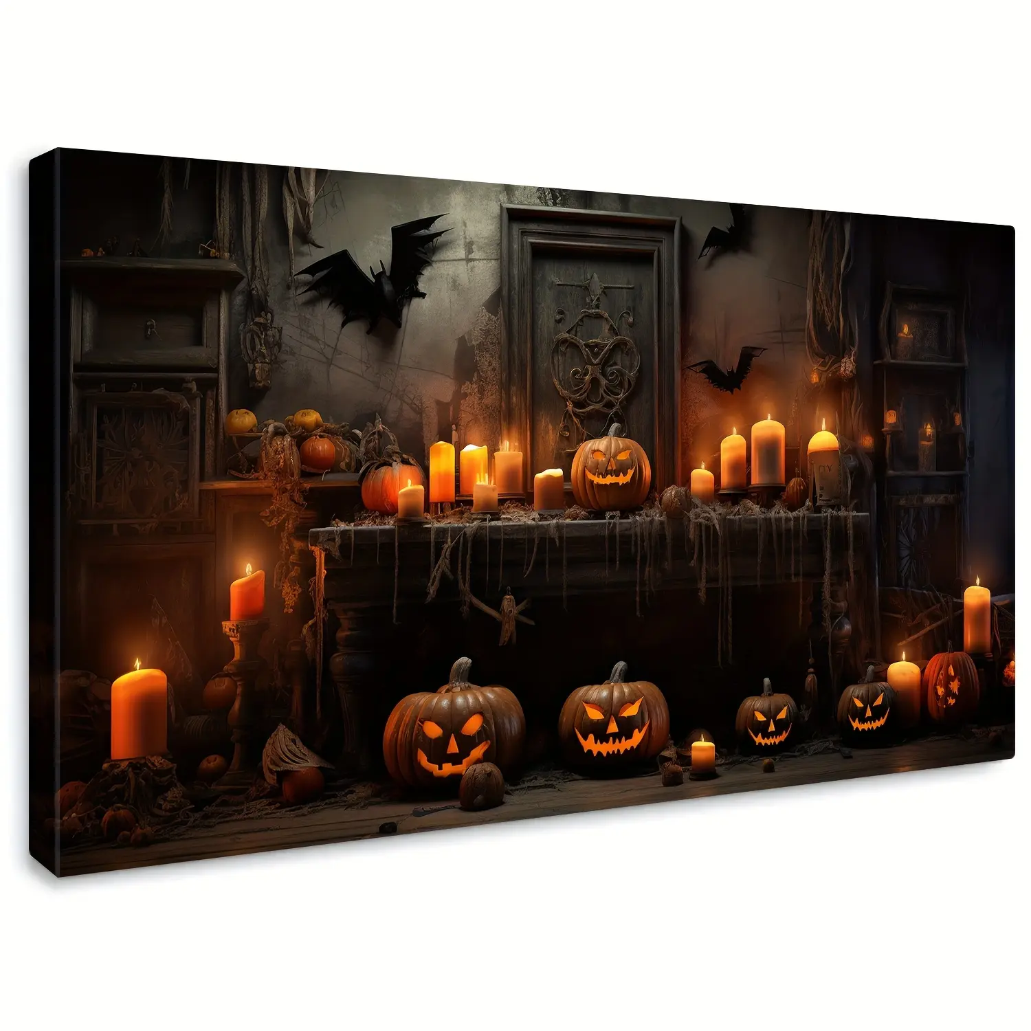 1 piece of Halloween-themed decorative pumpkin canvas wall art, featuring a creepy smiling pumpkin lantern with a wizard hat, a terrifying printed painting for decoration in living rooms and bedrooms