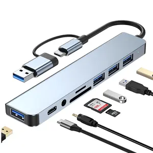 8-in-1 USB C Hub Multi-Port USB Adapter with 4 USB 3.0 Ports, SD/TF Card Reader, 3.5mm Audio Jack, Compatible with MacBook, Computer Accessories