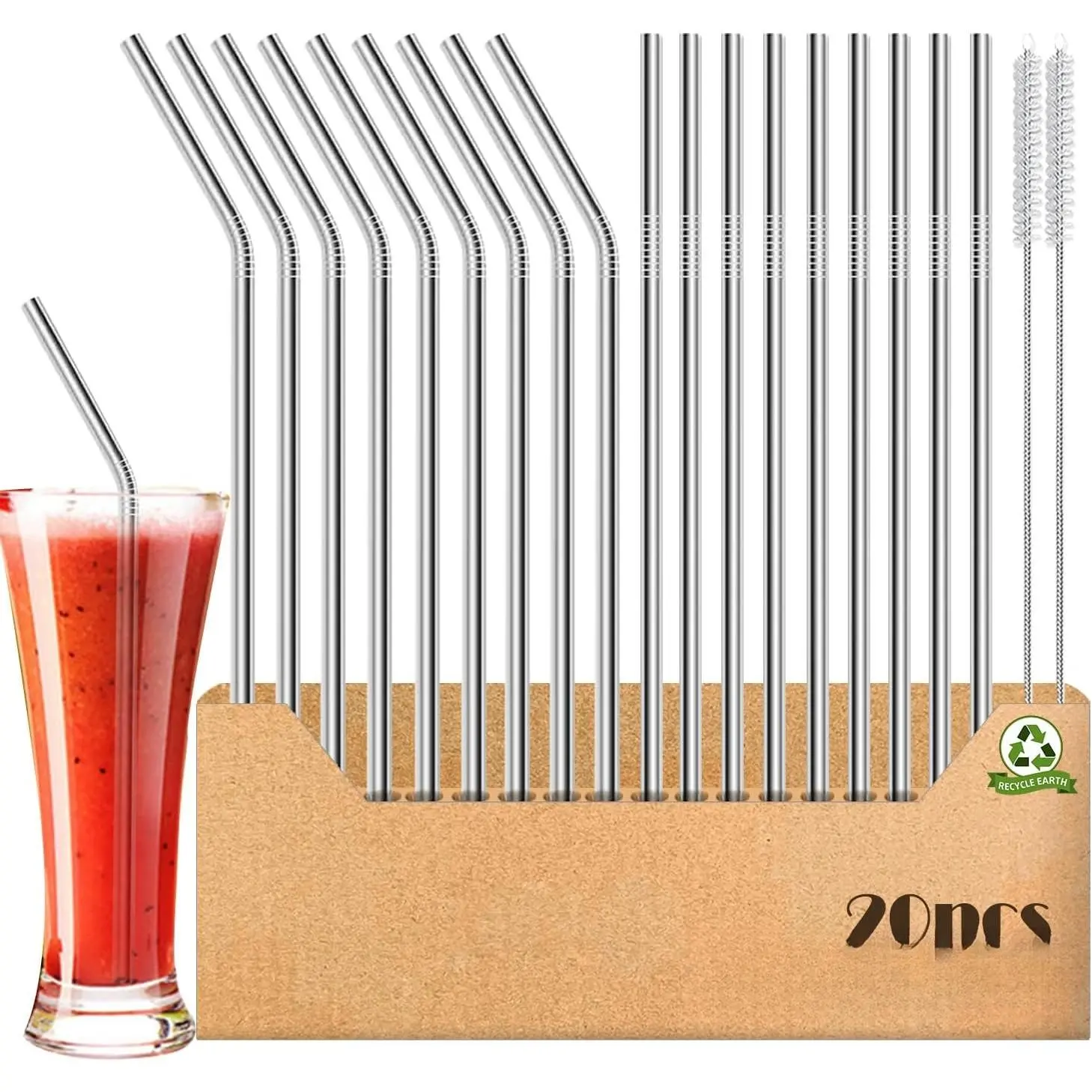 Stainless Steel Metal Straws 18 count, 9 Straight + 9 Bent 8.5'' Metal Straws for 20 oz Tumblers Dishwasher Safe with 2 Cleaning Brushes
