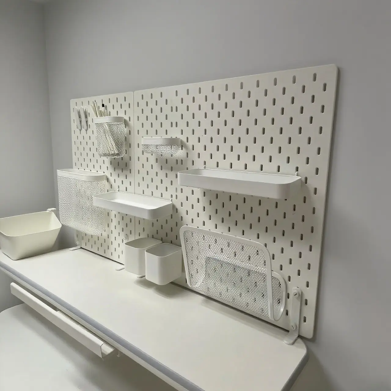 White 1 Vertical Board + 5 Hooks Pegboard Organizer - Desk Organization, Wall-Mounted No-Drill Floating Shelf with Adhesive Hooks Rack Accessories, Pegboard Type Wall Mounting for Dorm Stationery & Book Storage