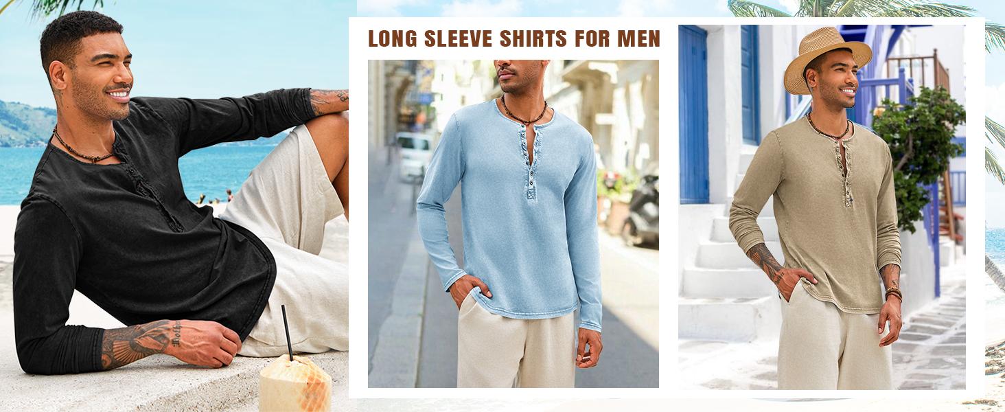 Beotyshow Mens Distressed Henley Shirts Retro Long Sleeve Tee Shirts Casual Button Down Washed T-Shirts for Men Cotton Menswear Father's Day Gift Shirt