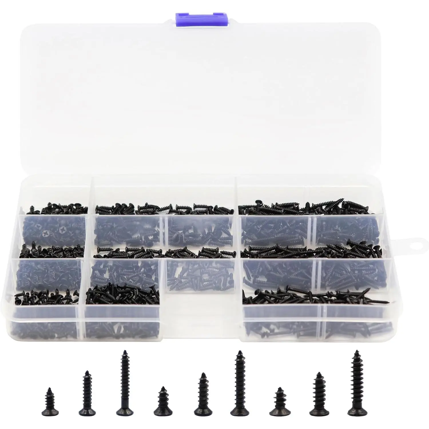 900 count M1.7 M2 M2.3 x 5mm / 8mm/ 12mm Flat  Self-Tapping Sheetmetal Screw  Kit, Mini  Screws, 9 Sizes, Carbon Steel (Black)
