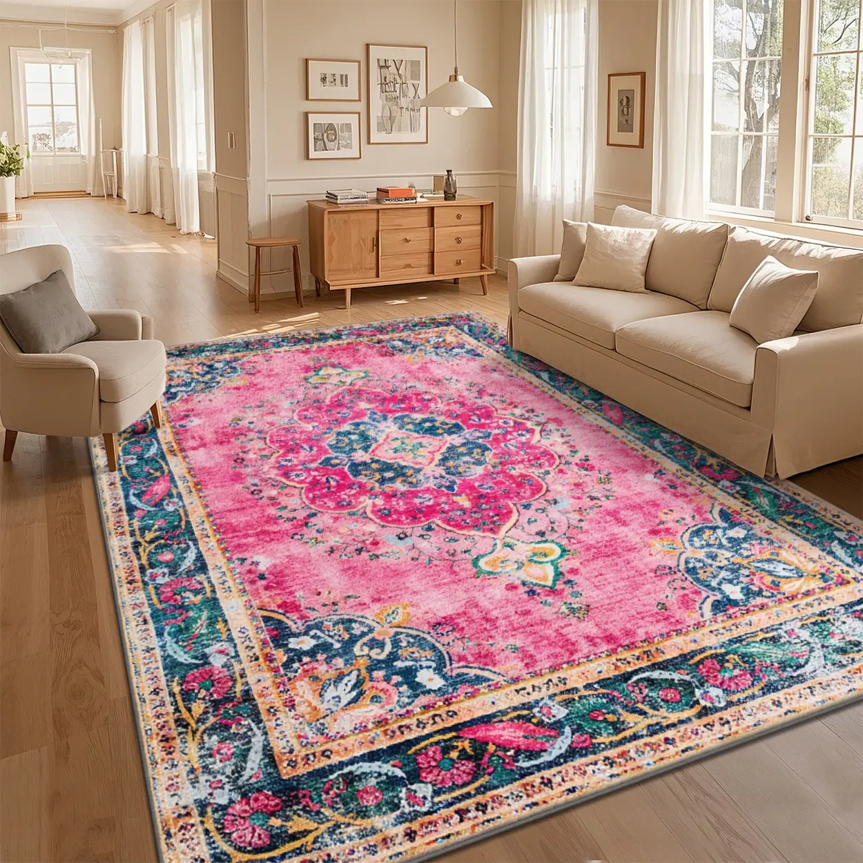 4'x6' Vintage Blush Pink Medallion Rose Print Area Rug - Washable, Non-Slip, Faded Pink, Rugs for Bedroom with Local Delivery, Faded Pink Area Rugs