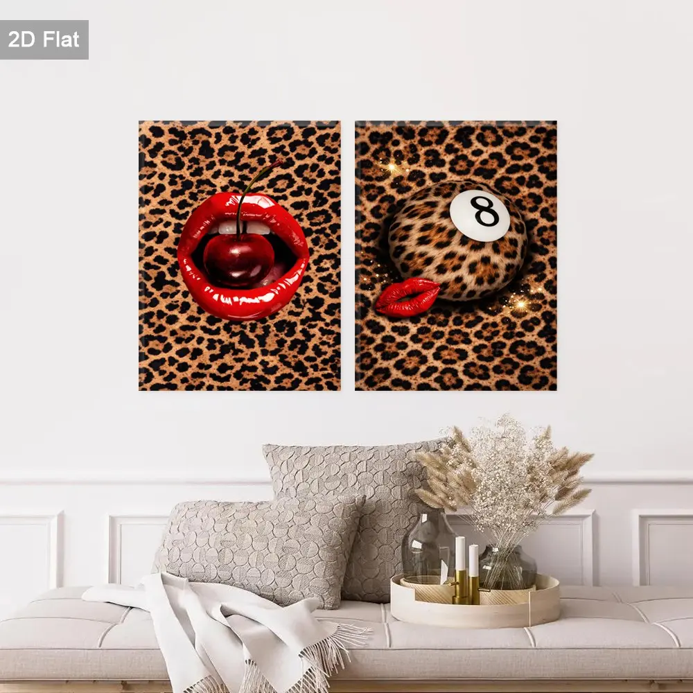 2 Piece Lip Frame Wall Art, Cherry Canvas Wallpaper, Leopard Print Art Prints, 8 Ball Poster, Home Decor for Living Room, Bedroom, Office, Bathroom