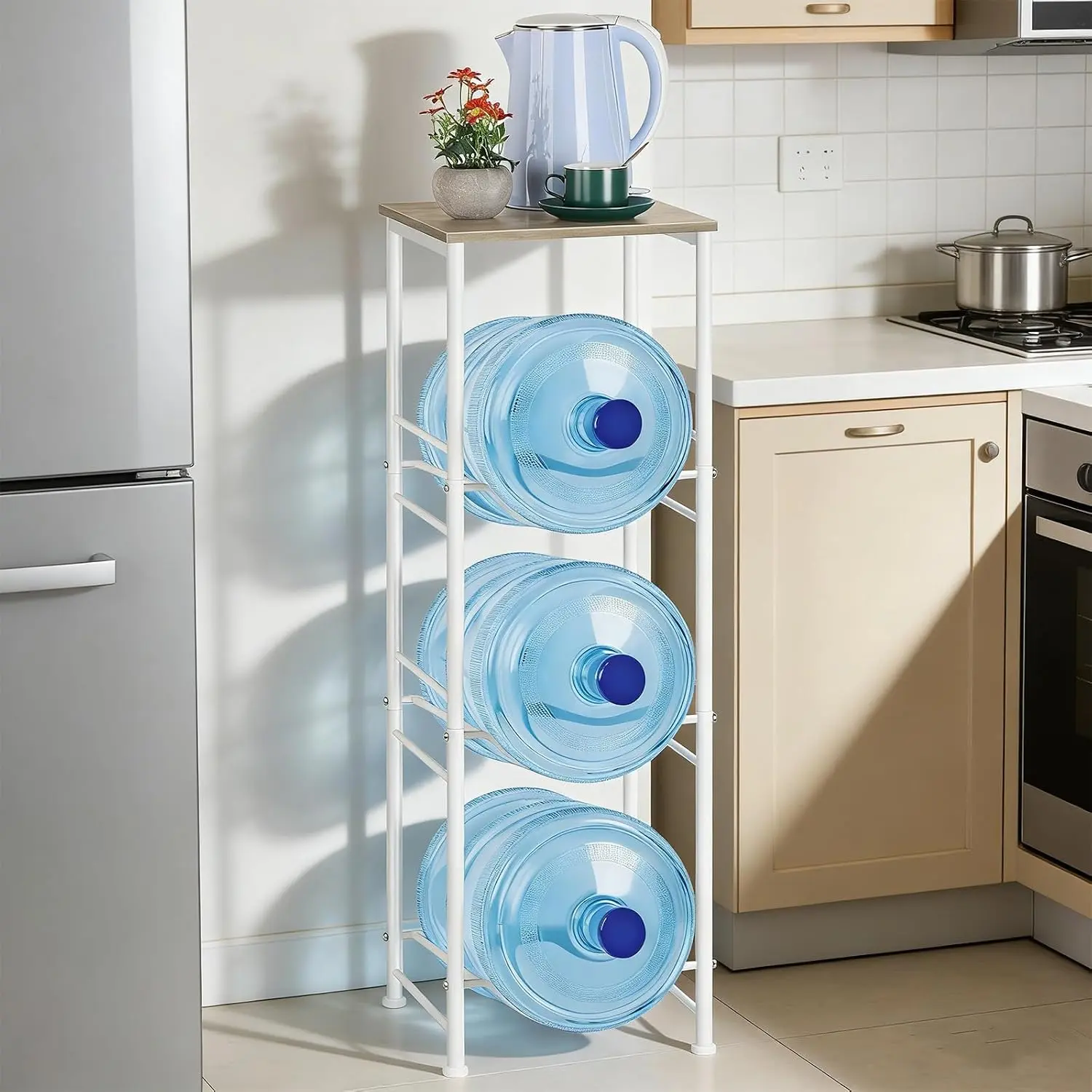 Water Bottle Storage Holder 5 Gallon Drink Dispenser Stand with Table 3-Tier Heavy Duty Water Cooler Jug Rack Water Bottle Organizer for Kitchen, Office, Living Room, Rustic Grey