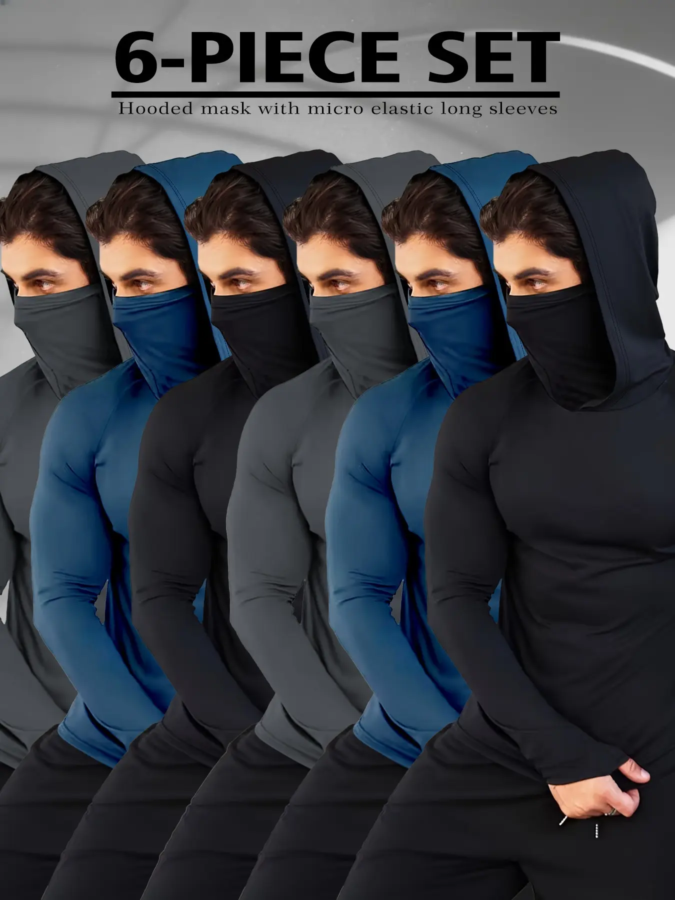 Men's 6 Pack Long Sleeve Hooded Shirts, Integrated Face Mask Micro Elastic Compression, Ninja Style Gym Workout Training Athletic Tops for Men