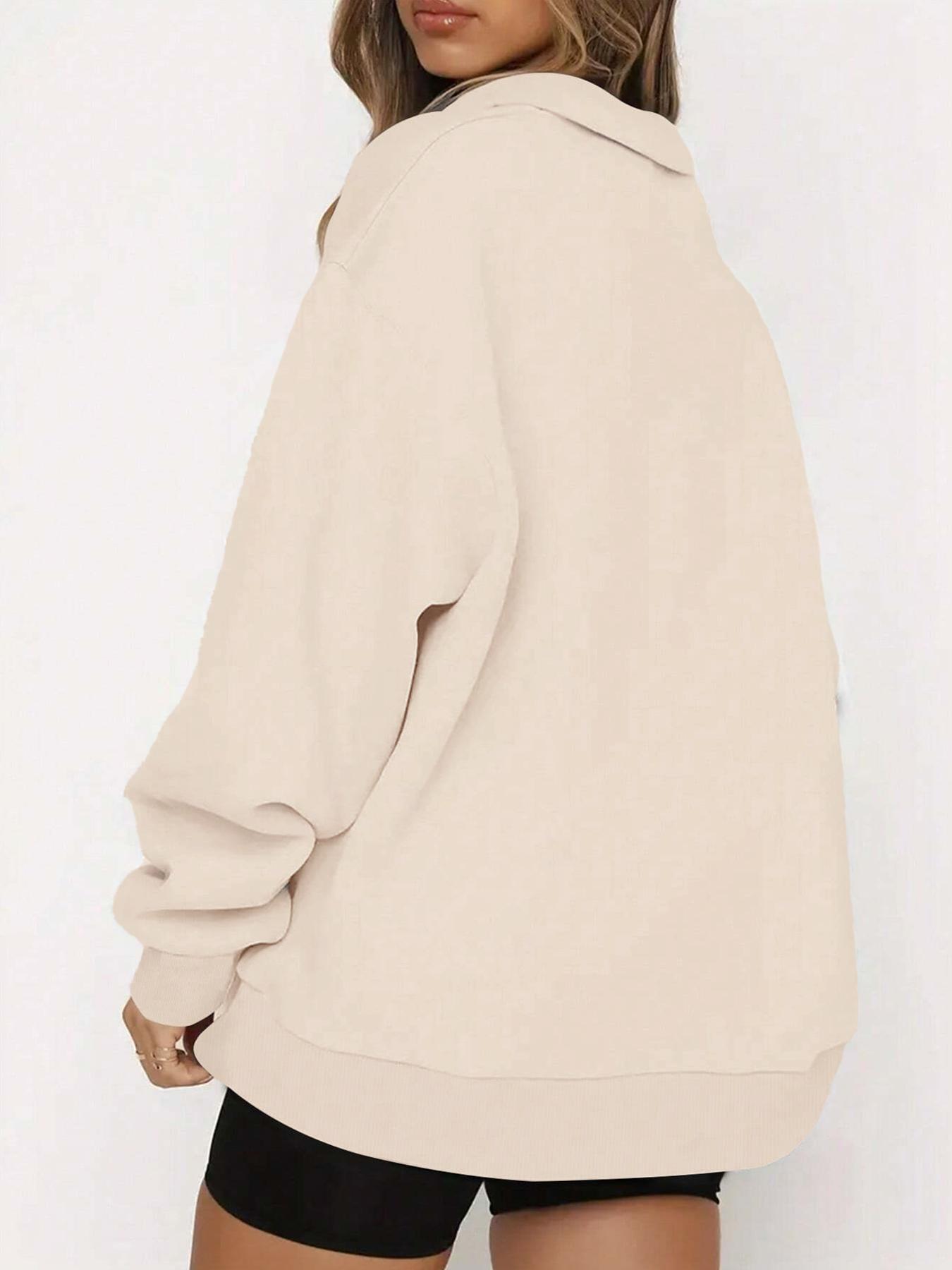 Women's Letter Print Drop Shoulder Half Zip Sweatshirt, Casual Long Sleeve Stand Collar Pullover for Fall & Winter, Women's Clothes for Daily Wear