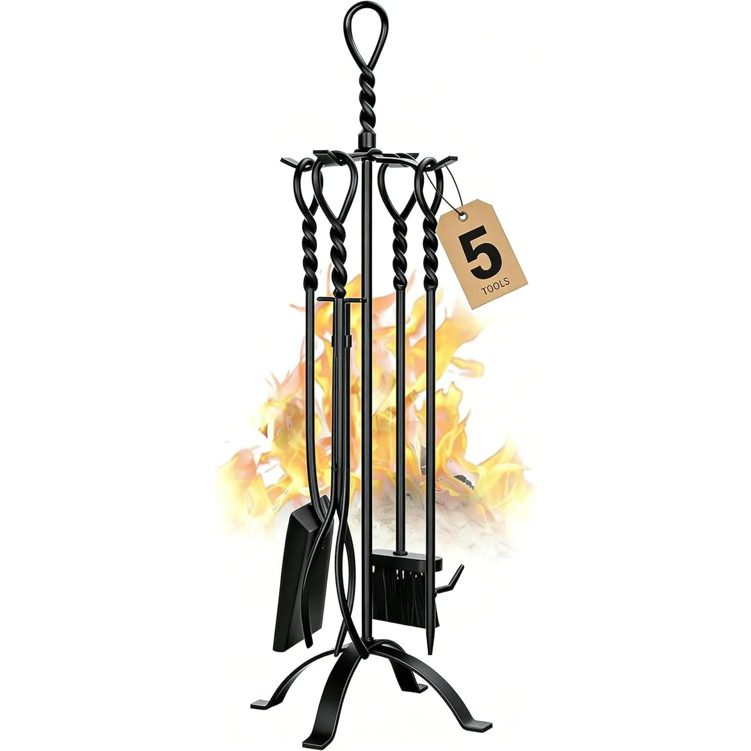 35 Inch Fireplace Tools Set 5 Pcs Black Wrought Solid Iron Large Fire Tool Set for Outdoor/Indoor Include Chimney Poker, Rustic Tongs, Shovel, Antique Brush and Stand Accessories Set
