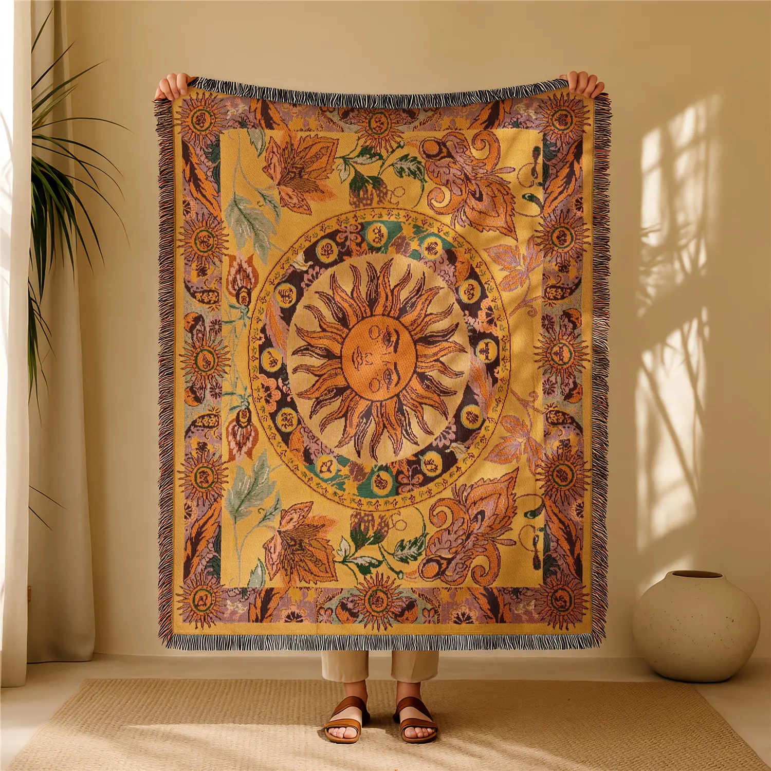 Bohemian Polyester Flannel Blanket with Sun Pattern, Thick and Soft, Durable and Washable, Ideal for Home Decor, Sofa, Bed, Garden, Camping
