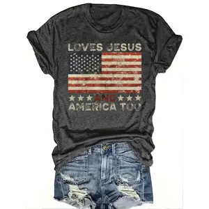 Women's Patriotic "Loves Jesus and America Too" Graphic Print T-Shirt, American Flag & Cross Tee Top, Soft Breathable Fabric, Casual Round Neck Short Sleeve, Machine Washable, All-Season Comfort for Independence Day Faith Celebrations