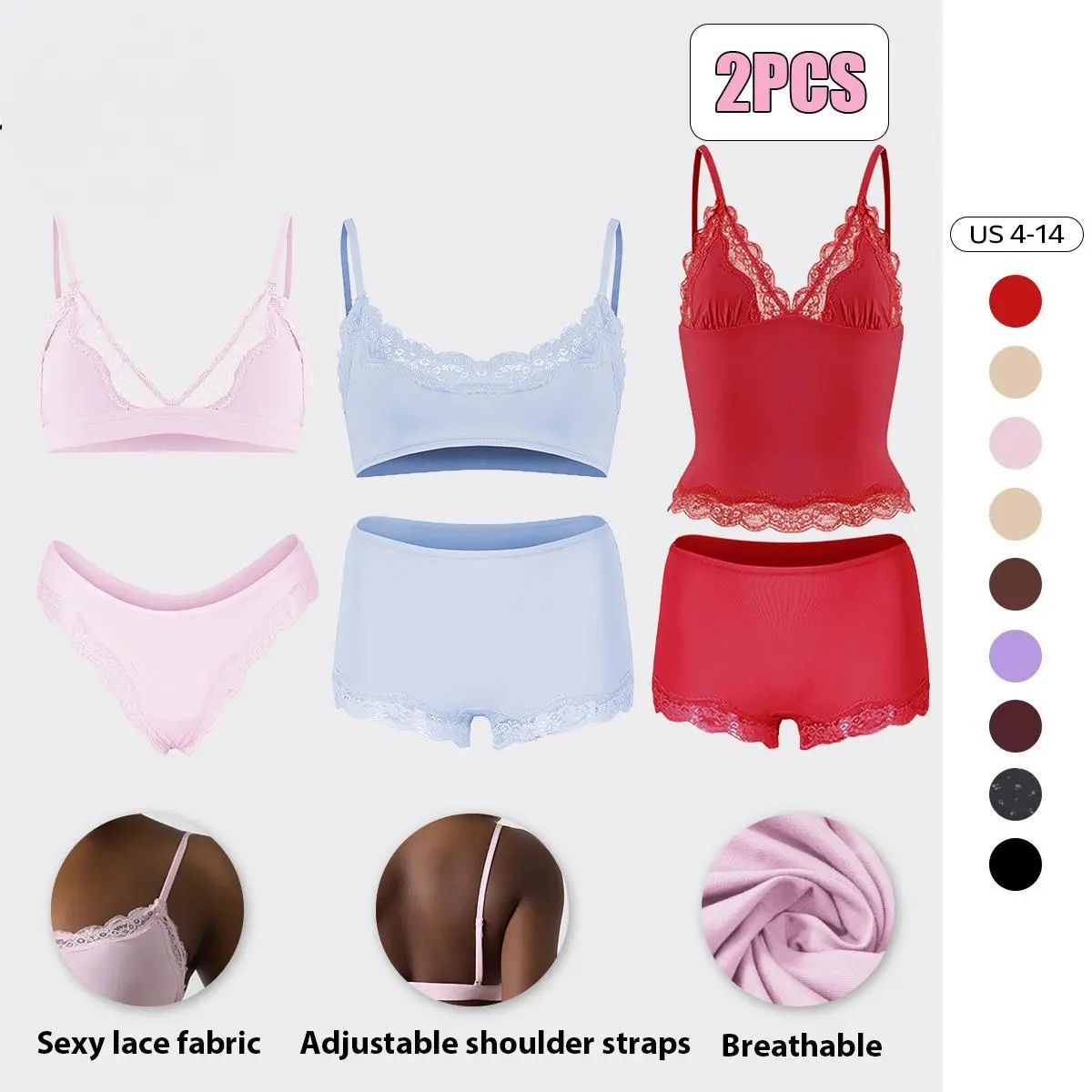 Women's Lace Spaghetti Strap Bralette & Panties Set, Soft Wirefree Lace Trim Quick-Dry Lingerie, Lightweight Breathable Flattering Underwear Womenswear