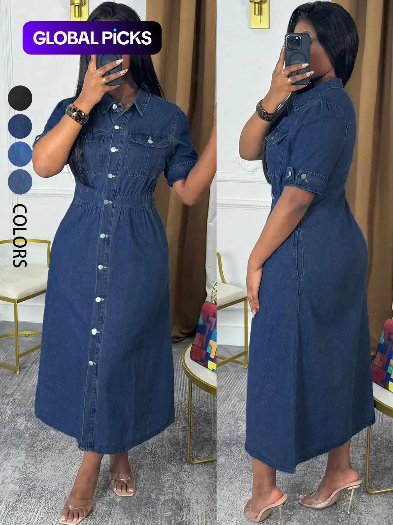 Chic Women Summer Denim Shirt Dress - Basic Button Down Midi with Chest Pockets & Short Cuffed Sleeves | Effortless Casual Jean Dress Casual Wear