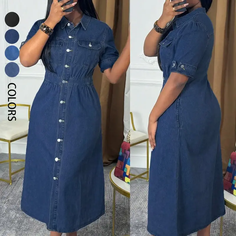 Chic Women Summer Denim Shirt Dress - Basic Button Down Midi with Chest Pockets & Short Cuffed Sleeves | Effortless Casual Jean Dress Casual Wear