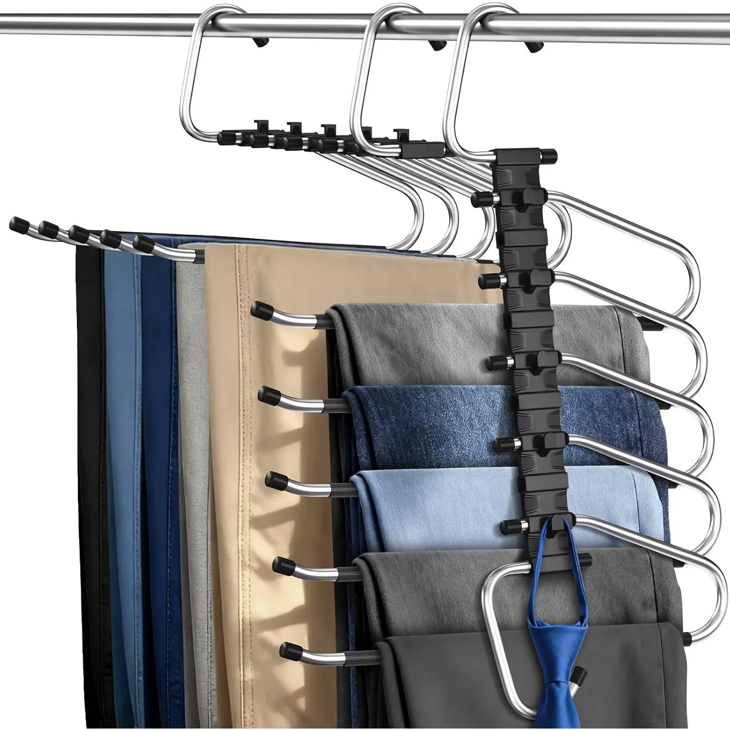 Pants Hangers 2 Pack Space Saving Metal Closet Organizer, Anti-Slip Design, Multi-Layer Space Saving Hangers, Closet Organizers and Storage for Jeans, Trousers, Skirts, Scarves, Slacks, Black