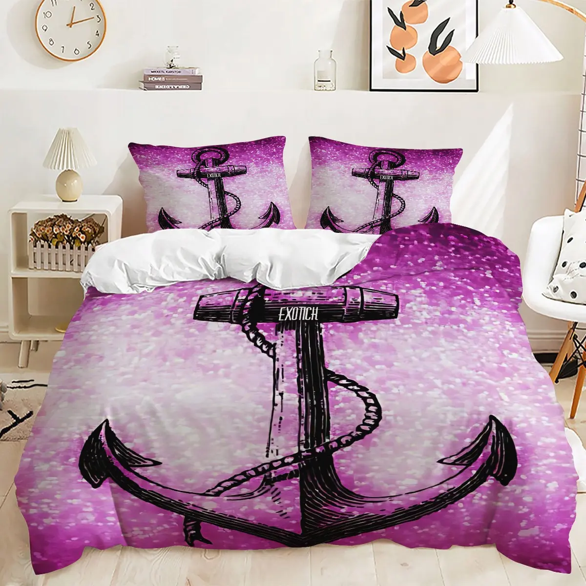 Purple Gradient Anchor Pattern Duvet Cover Set, 2/3Pcs Digital Print Bedding Set, Machine Washable, Nautical Coastal Bedroom Decor, Perfect Gift for Sailing Enthusiasts. 1 or 2 Pillowcase, No Filling