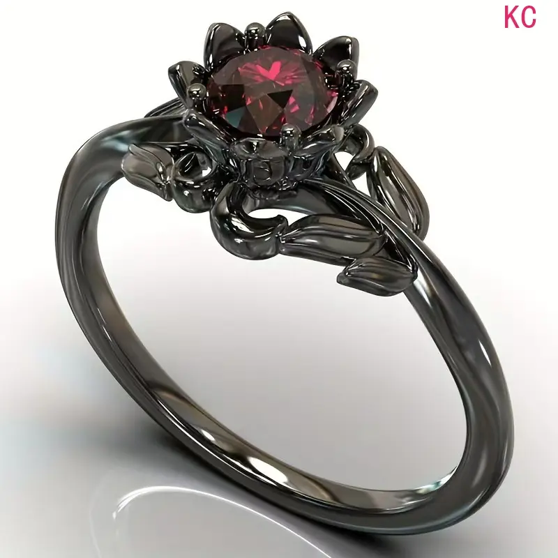 Gunmetal Plated Floral Ring Inlaid With Zircon, Exquisite Finger Jewelry For European American Women Daily Styling