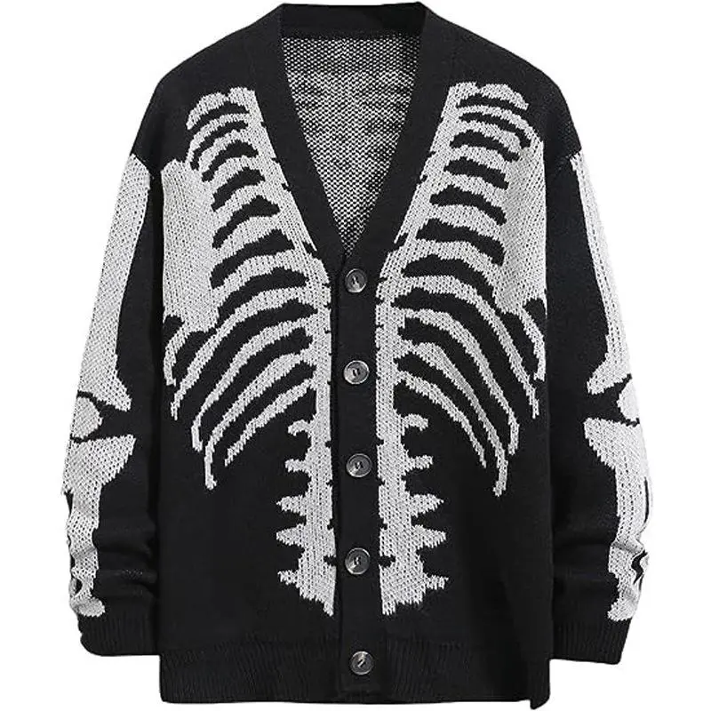 Men's Skull Print Knit Cardigan, Casual V-Neck Sweater with Drop Shoulders, Long Sleeve Button-Up Knitwear for Halloween, Cardigan Knit