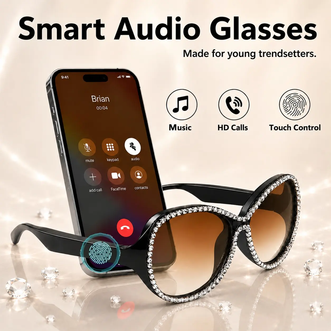 Rhinestone Smart Wireless Glasses for Women, Wireless Headphone Glasses, Open-Ear Bluetooth Audio Sunglasses with Music Playback, HD Calls, Touch Control and UV Protection