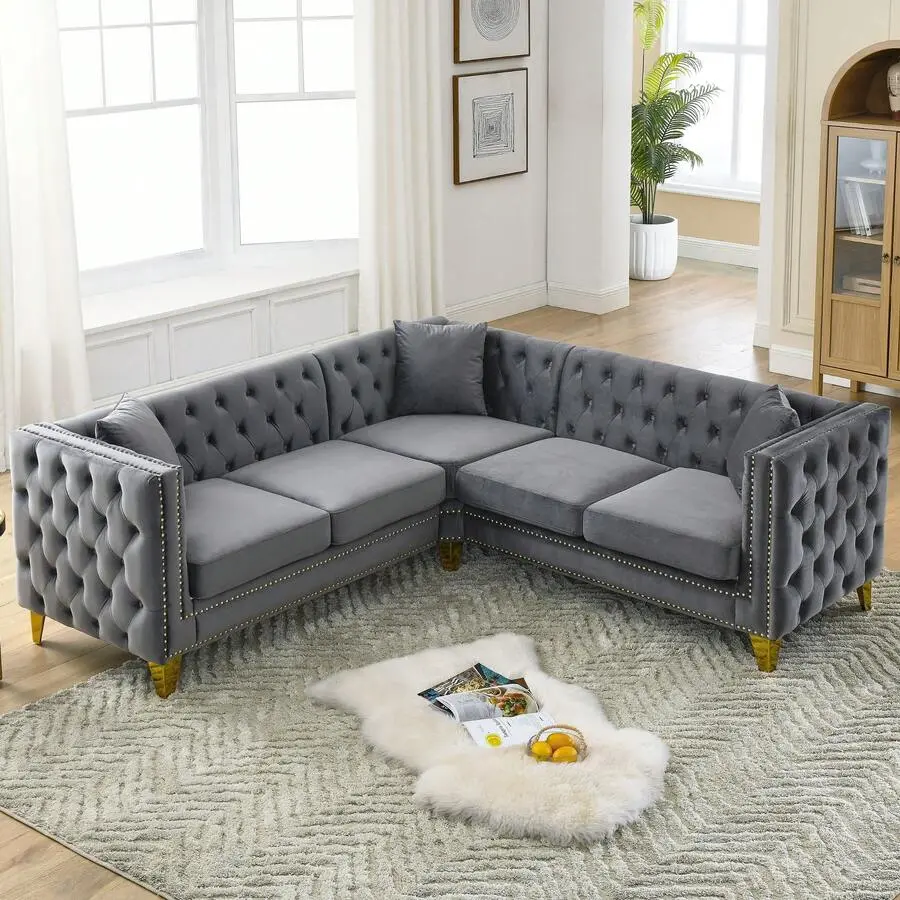 82.2" L-Shape Velvet Chesterfield Sectional Sofa, 5 Seat Corner Sofa Couch, Button Tufted Upholstered Sofa With Rolled Arms, Nailhead Trim, Metal Legs And 3 Pillows, Luxury Corner Couch Living Room Apartment Office
