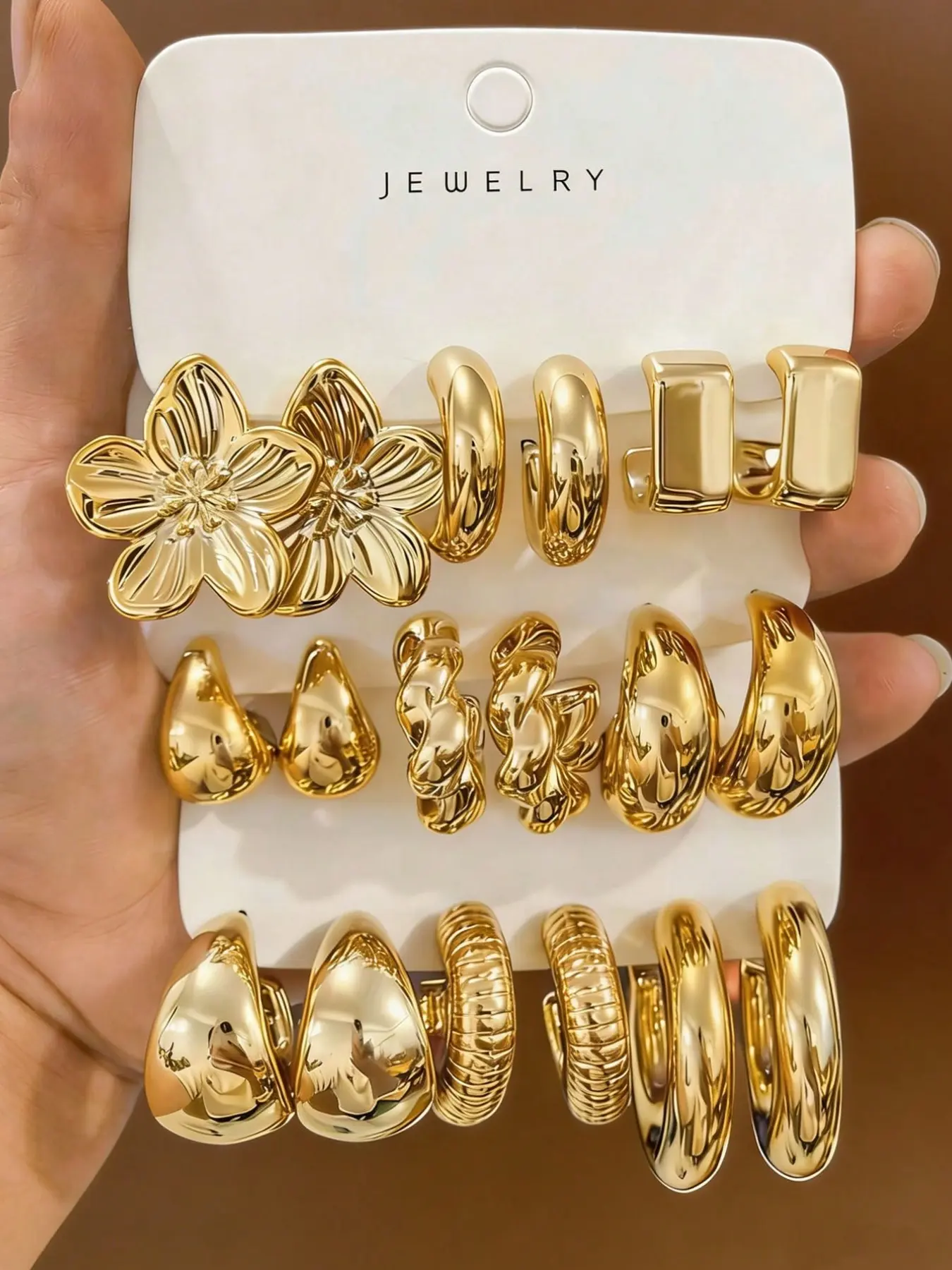 9 Pairs Gold Tone Clip On Earrings Set for Women, Chunky Hoop Teardrop Flower Knot and Rectangle Styles, No Piercing Statement Jewelry for Back to School Outfits, Holiday Gift for Her