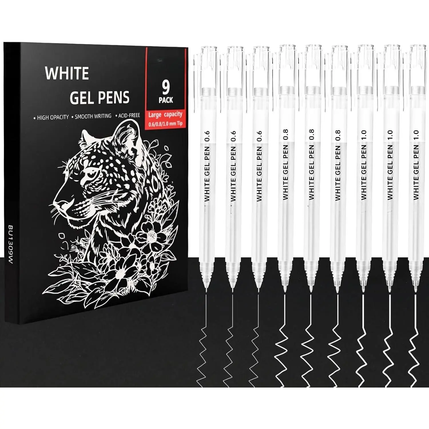 White Gel Pens, 0.6/0.8/1.0mm Fine Tips, 9 Pack